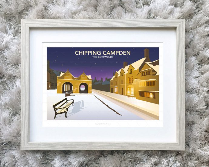 Framed illustration of Chipping Campden at night