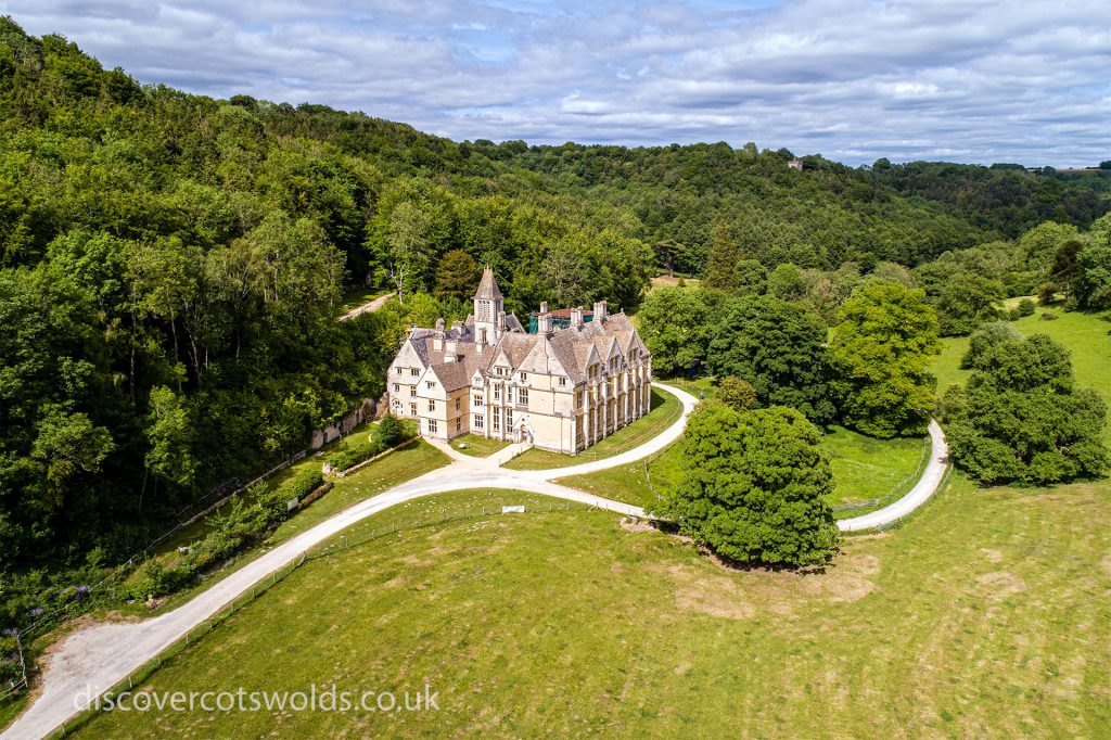 Aerial photograph of Woodchester Mansion from the western approach