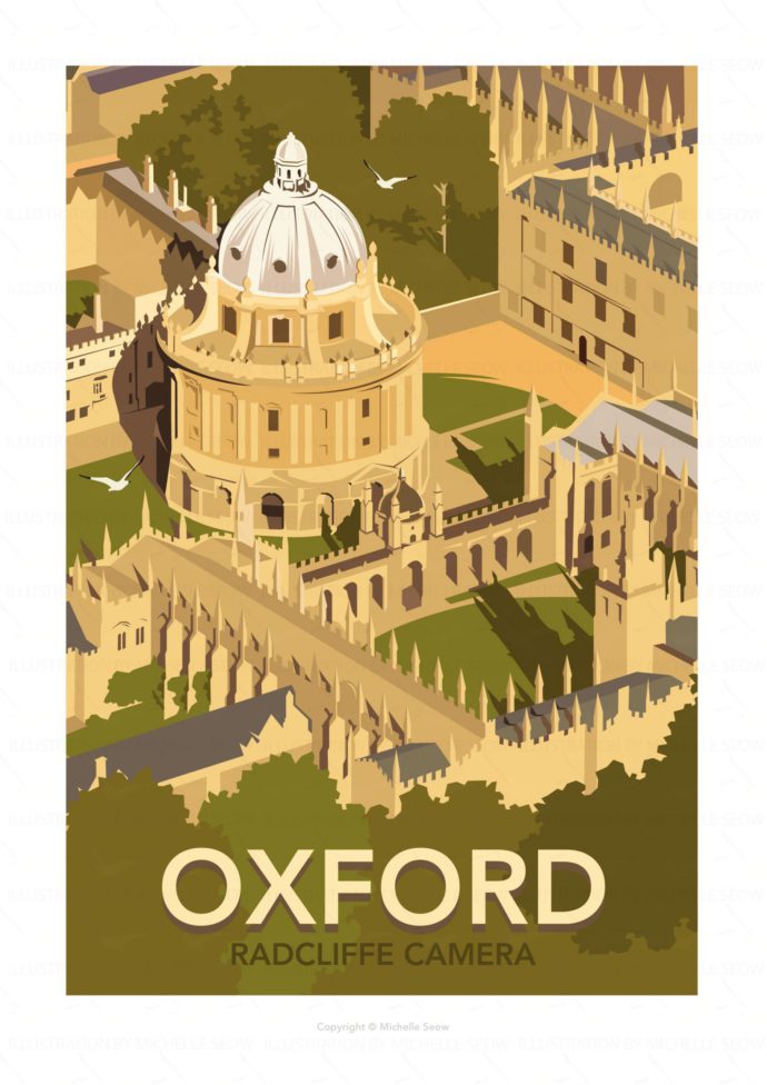 Illustrated travel poster of Oxford University