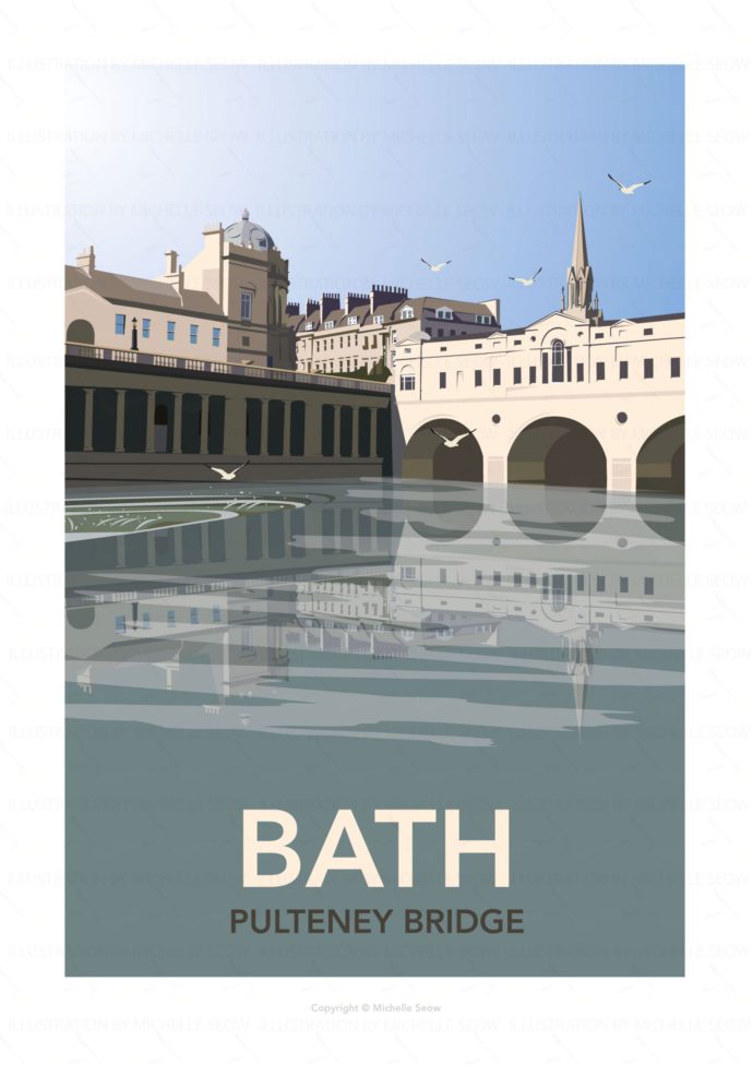 Illustrated travel poster of Bath's Pulteney Bridge